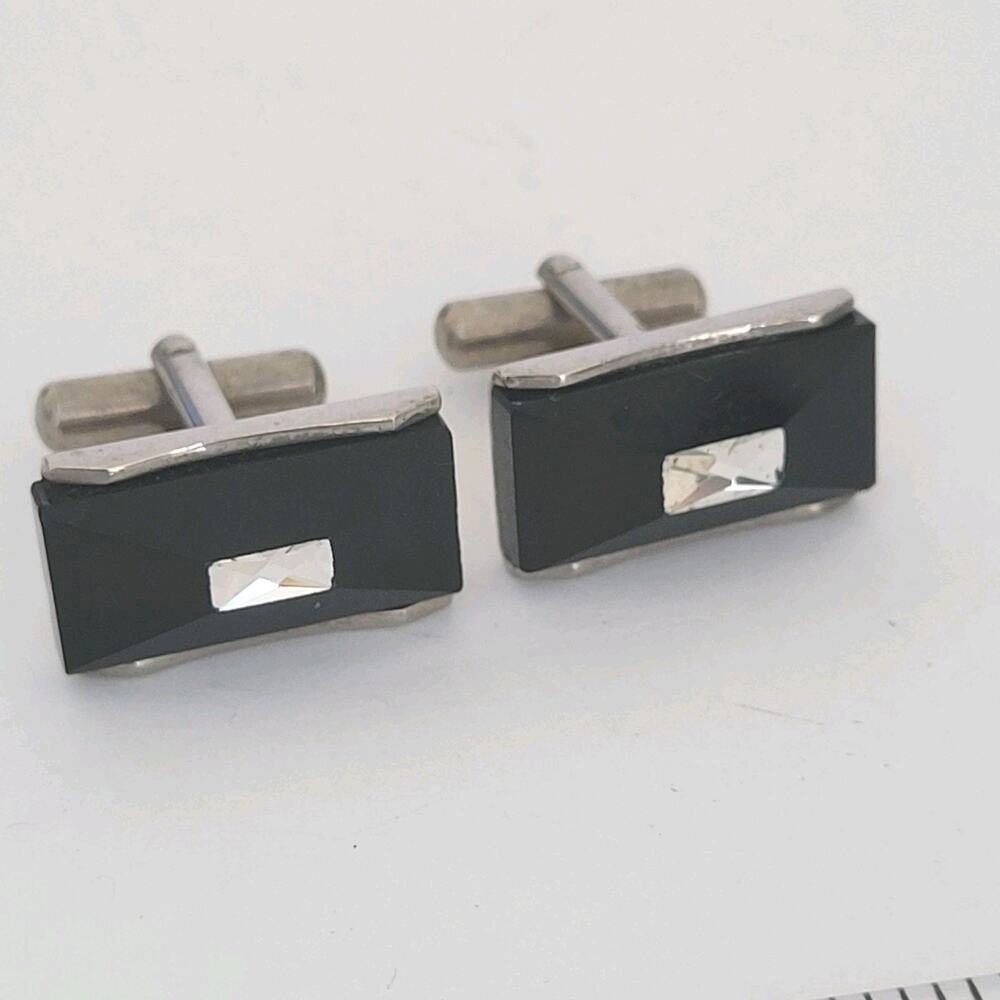 VINTAGE 1950'S BLACK ONYX WHITE RHINESTONE CUFFLINKS Rectangle Silver‎